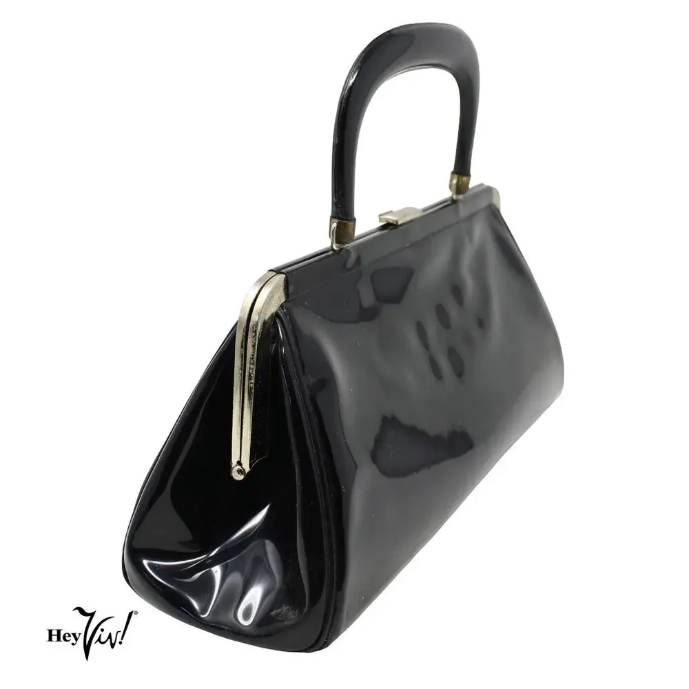 Vintage Black Patent Handbag Structured Frame Top Handle Purse 14